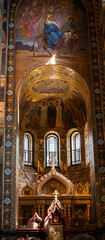 Obraz premium interior of Savior on the Spilled Blood Church in Saint Petersburg, Russia, 21th of July, 2025, mosaic biblical scenes with the apostles with cross in the center, famous landmark, vertical