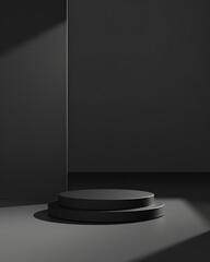 black podium on colorful background. Conceptual banner for holidays. Pedestal for displaying good.