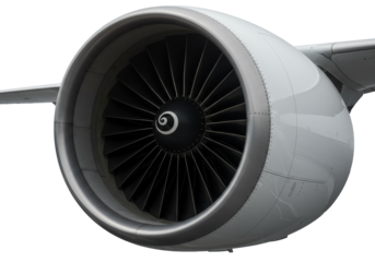 Extreme close-up of a powerful jet engine's gleaming metallic fan blades with sharp reflections and smooth white cowling on a transparent background, concept of advanced technology and precision