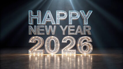Happy new year 2026 text illuminated by dramatic spotlights with glowing reflections on a dark reflective surface