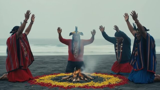 four indigenous people in traditional clothes perform sacred ritual on beach at dusk. they kneel around bonfire with hands raised in prayer. native american heritage concept.
