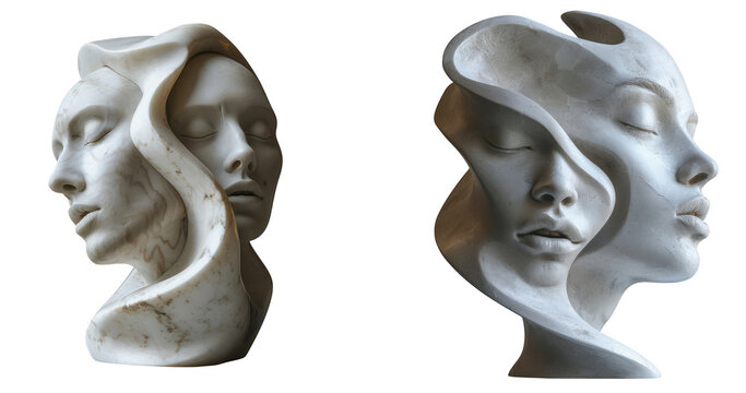 Two abstract sculptures of intertwined faces, suggesting duality and introspection, isolated on transparent background