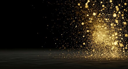 Golden glitter particles exploding on black background