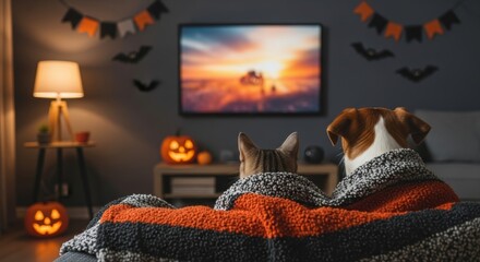 Cute dog and cat watch movie during cozy Halloween night at home. under blanket on sofa, with popcorn and festive decorations. Living room with fireplace and jack-o'-lanterns, warm spooky atmosphere
