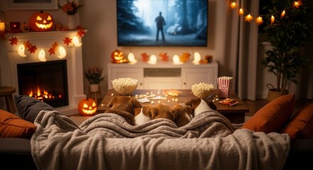 Cute dogs watch movie during cozy Halloween night at home. puppies under blanket on sofa, with popcorn and festive decorations. Living room with fireplace and jack-o'-lanterns, warm spooky atmosphere