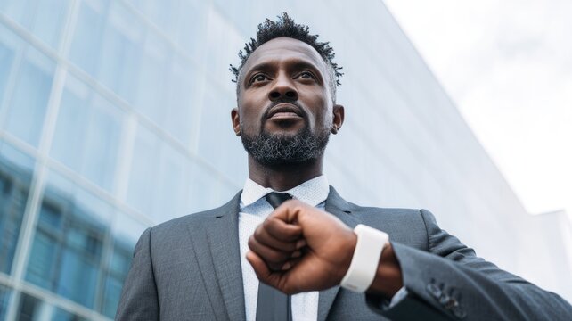 A businessman with a smartwatch on his wrist standing near a modern glass building.