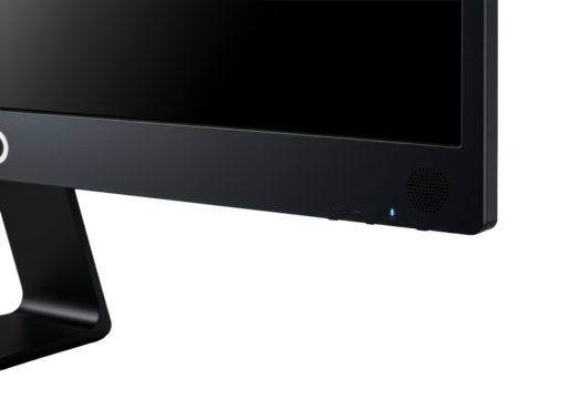 Extreme macro close-up of a matte black monitor corner, sharp bezel, transparent screen, soft glowing power button, textured grille, polished stand, studio lighting, concept of precision technology