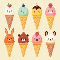 Cute Cartoon Ice Cream Cones with Smiling Faces and Animal Characters