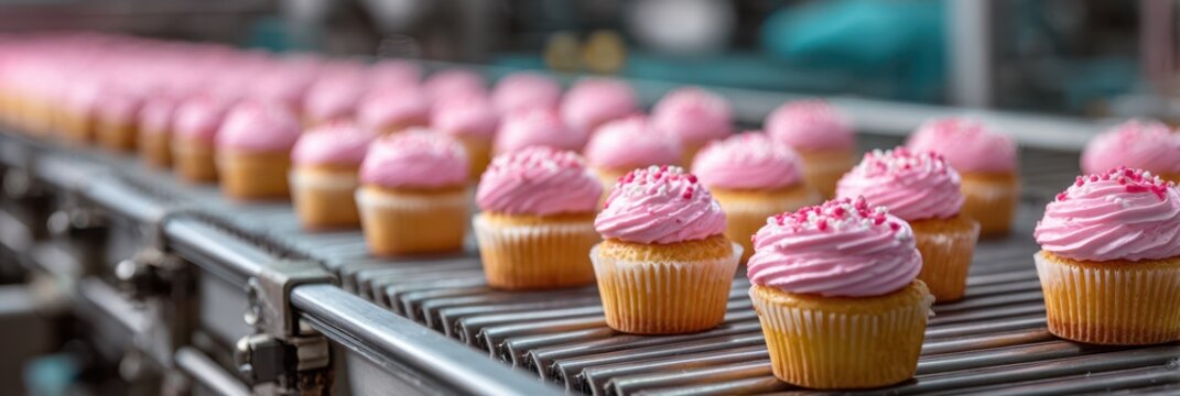 Colorful cupcakes with pink frosting travel along a conveyor belt in a bakery during the morning hours of production