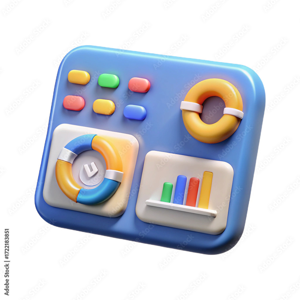Wall mural 3D Isometric Dashboard with Buttons and Charts interface isolated on a transparent background