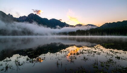 Misty lake sunrise reflecting mountains
