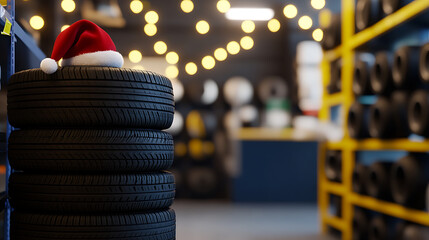 Seasonal Tire Change: Holiday tire service! A stack of tires is topped with a Santa hat, surrounded by tires and holiday lights. Festive tire sale!