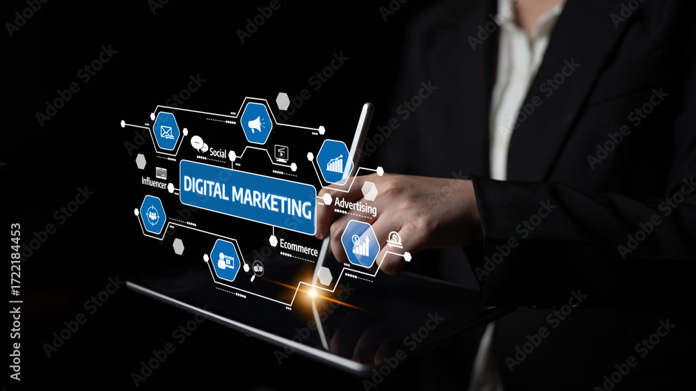 Aufkleber a business professional engages with a high-tech interface demonstrating digital marketing concepts,