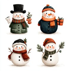 Snowmen celebrate winter festivities with unique accessories and cheerful expressions