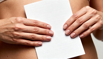 Close-up of woman's hands holding a white card
