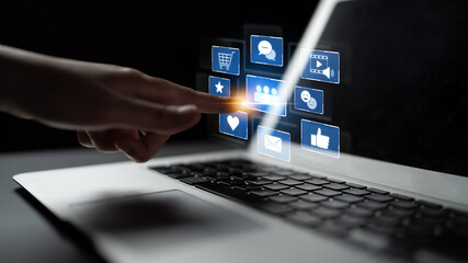 Obraz premium Icons representing social media interaction, communication, and engagement. Social media builds community, social media drives connection, and social media influences behavior. Latch