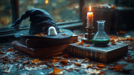 A witch's hat, adorned with a ghost made of hand-woven wool felt, rests on a stack of ancient books. A flickering candle burns in a brass candlestick, and a glass beaker containing a greenish potion r