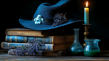 A witch's hat, adorned with a ghost made of hand-woven wool felt, rests on a stack of ancient books. A flickering candle burns in a brass candlestick, and a glass beaker containing a greenish potion r