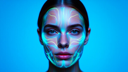 Woman face glowing neon lines blue background human female