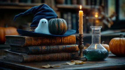 A witch's hat, adorned with a ghost made of hand-woven wool felt, rests on a stack of ancient books. A flickering candle burns in a brass candlestick, and a glass beaker containing a greenish potion r