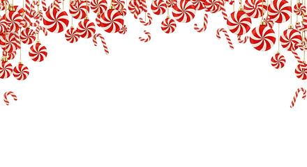 Festive christmas border of candy canes and peppermint swirl ornaments isolated on transparent background, creating a sweet and joyful holiday atmosphere