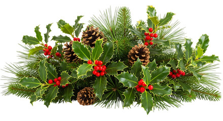Elegant christmas centerpiece isolated on transparent background, featuring pine cones, holly, and evergreen branches for a festive holiday decoration