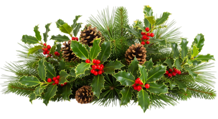 Elegant christmas centerpiece isolated on transparent background, featuring pine cones, holly, and evergreen branches for a festive holiday decoration
