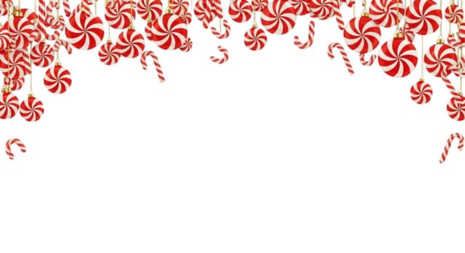Festive christmas border of candy canes and peppermint swirl ornaments isolated on transparent background, creating a sweet and joyful holiday atmosphere