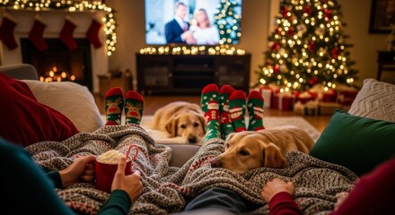 Family and pet dog relax on couch watching Christmas movie. People in festive socks, cute dog wears Santa hat. Cozy scene with lit Christmas tree, popcorn, and hot drinks captures holiday
