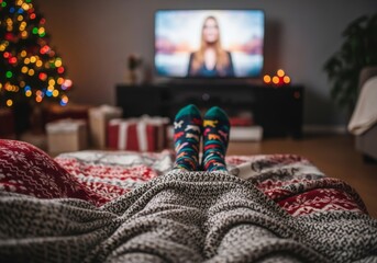 Person on sofa watching Christmas movie. Cozy scene shows feet in warm socks under knitted blanket. Living room with decorated Christmas tree and gifts creates perfect holiday atmosphere