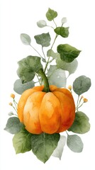 Vibrant orange pumpkin surrounded by green leaves in a watercolor style artwork showcasing autumn vibes