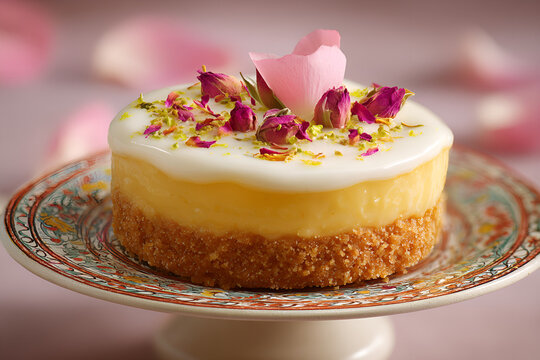Persian key lime pie with saffron glaze and rose petals