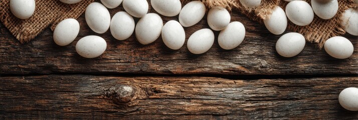 Fresh white eggs displayed on a rustic wooden surface with burlap fabric
