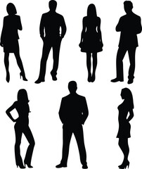 Silhouettes of Diverse People Standing Together in Elegant Outfits
