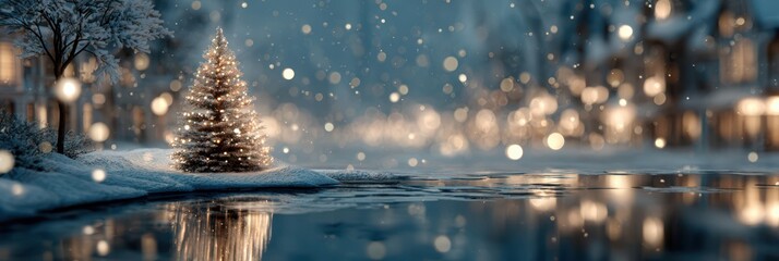 Winter landscape with illuminated Christmas tree by the water at night, surrounded by cozy homes