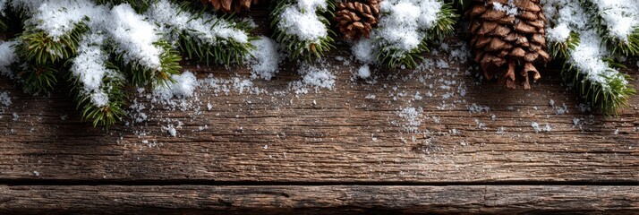 Winter landscape with snow-covered pine branches and cones on a wooden surface