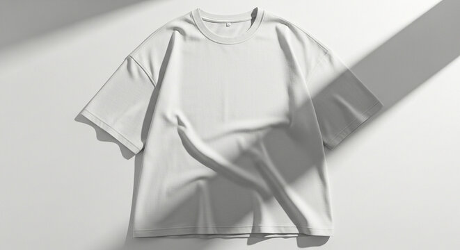 Flat lay white oversized t-shirt mockup with artistic shadow play, perfect for showcasing fashion designs and apparel branding. Blank tee for graphic presentation