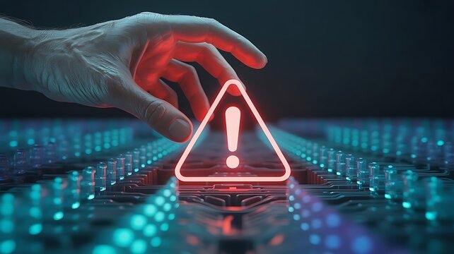 Cybersecurity threat detected as a hand reaches for a glowing red digital warning symbol on a futuristic keyboard