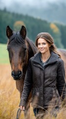 Young woman walking with a horse in a scenic outdoor field during cloudy weather