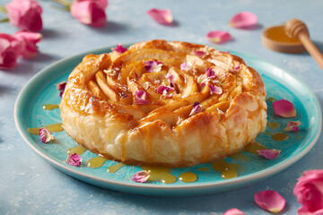 Persian apple pie with rose petals and honey drizzle