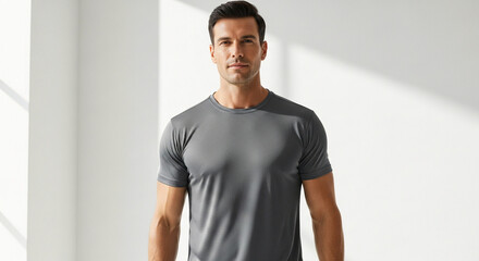 Handsome athletic man in a blank grey activewear shirt posing for a fashion design mockup