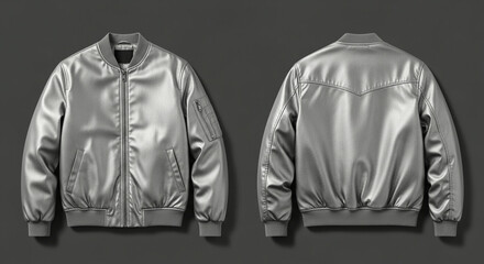 Silver Satin Bomber Jacket Mockup Front and Back View