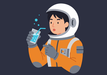 An astronaut drinks water, examining a phone in space. A vibrant, isolated scene with a focus on the astronaut's expression and the clear liquid. Modern, illustrative style.