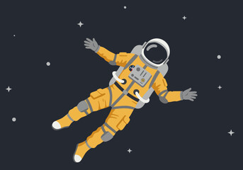 An astronaut floats in space, arms outstretched, against a starry backdrop. A vibrant, stylized illustration perfect for space-themed designs.