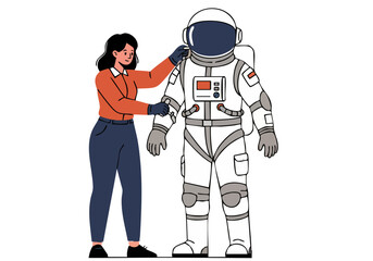 A woman secures an astronaut suit, ensuring a stable float. Clean, modern illustration with a focus on maintaining equilibrium. Suitable for science, space, and teamwork themes.