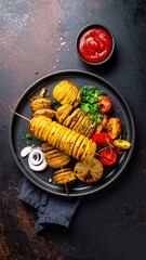 Spiral potatoes on skewers with cherry tomatoes and red onion