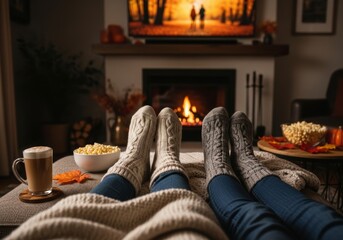 Family enjoys cozy autumn evening watching movie at home. Parents and child relax on couch under warm blankets with feet up, eating popcorn.