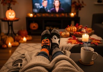 Family enjoys cozy autumn evening watching movie at home. Parents and child relax on couch under warm blankets with feet up, eating popcorn.