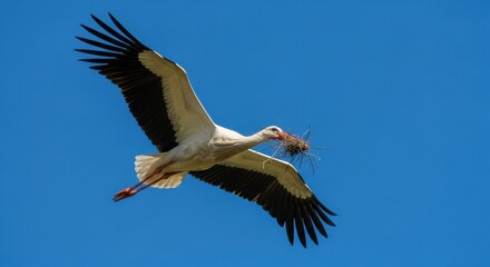 Obraz premium A stork in flight carrying nesting material against a vibrant blue sky in the daytime setting