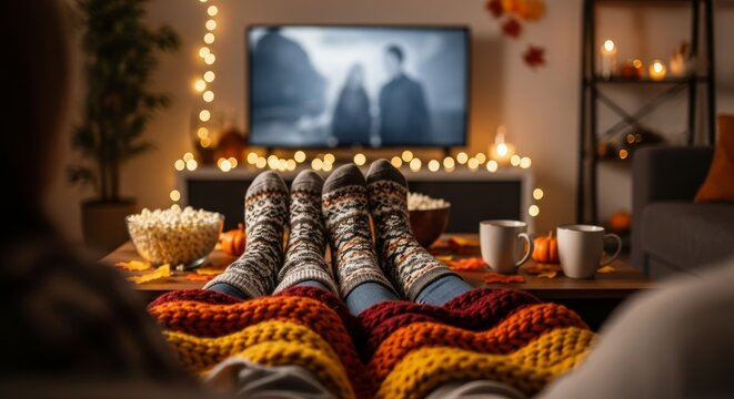 Family enjoys cozy autumn evening watching movie at home. Parents and child relax on couch under warm blankets with feet up, eating popcorn.